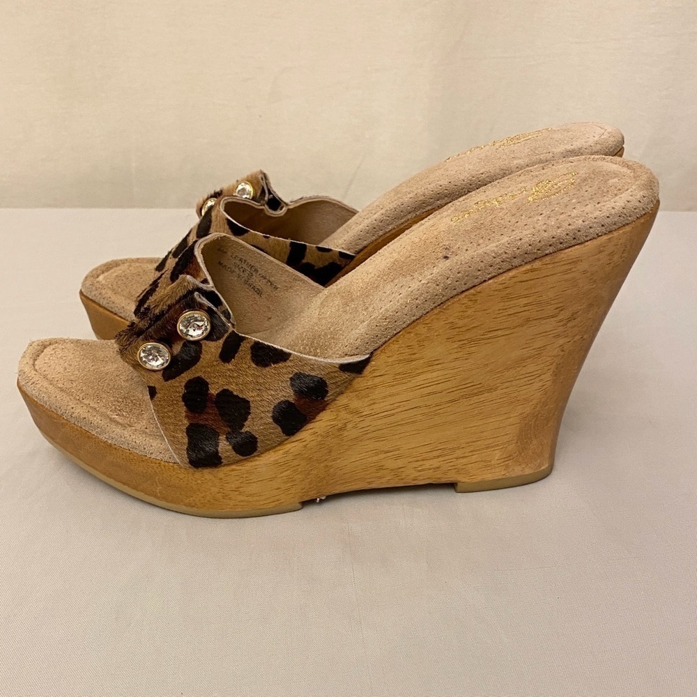 Bridget Glitz Wood Platform Sandals Animal Print Rhinestones Leather Shoes Sz 8 - Picture 4 of 12